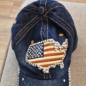 American Flag Hat Bedazzled Jeweled Denim Baseball Cap W/Adjustable Strap